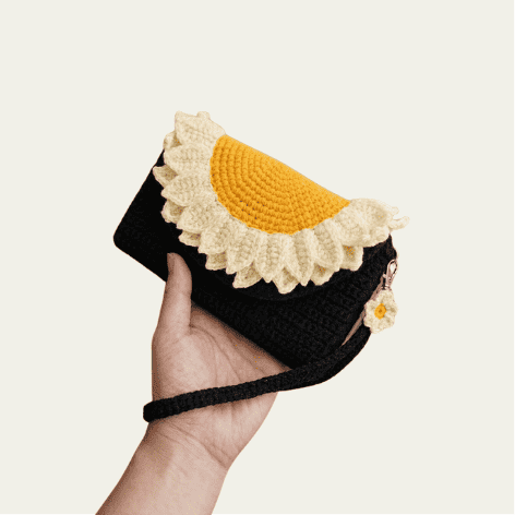 Sunflower crochet wristlet pouch - handmade boho phone bag with charm