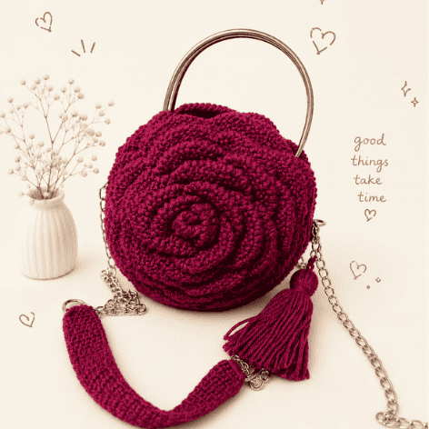 3D rose crochet handbag - handmade floral statement crossbody bag