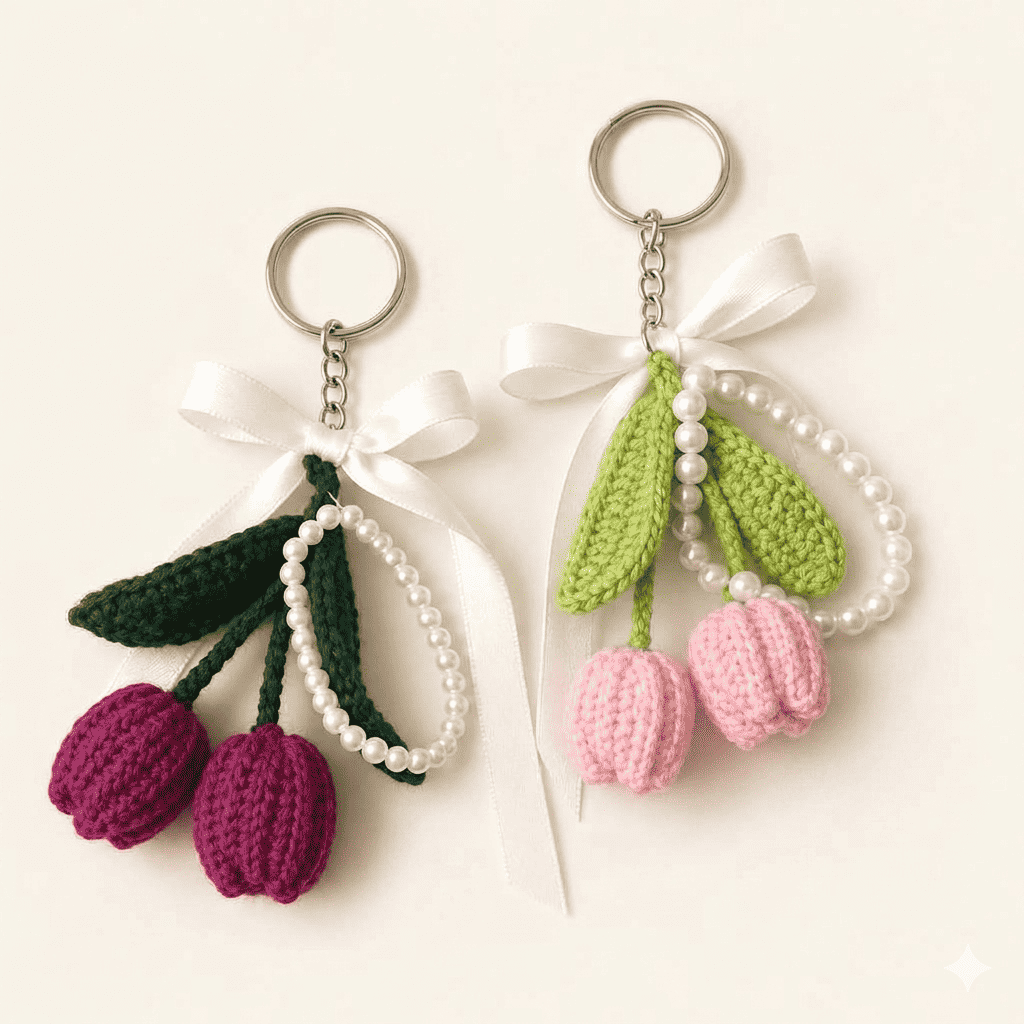 Tulip and cherry crochet keychain - cute handmade pearl bag charm